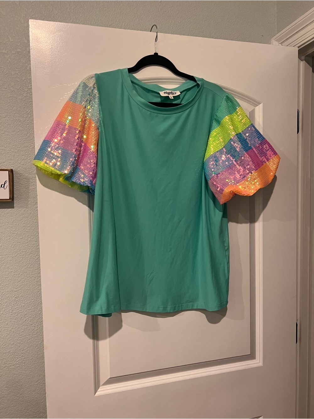 Teal Short Sleeve Top with Rainbow Sequin Puff Sleeves